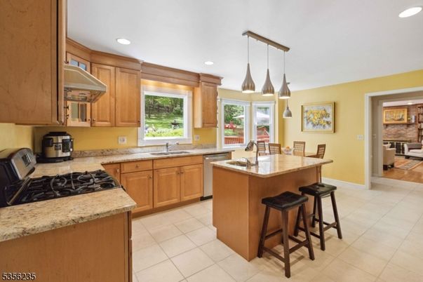 Dining room, Fireplace, Interior, Kitchen, Pendant Lights, Recessed Lighting, Stainless Steel Appliances