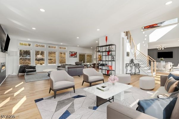 Chandelier, Dining room, Fireplace, Interior, Living room, Recessed Lighting, Wood Texture Flooring