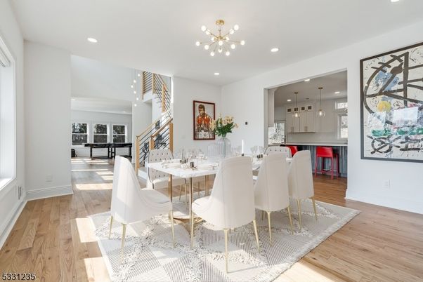 Dining room, Interior, Pendant Lights, Recessed Lighting, Wood Texture Flooring
