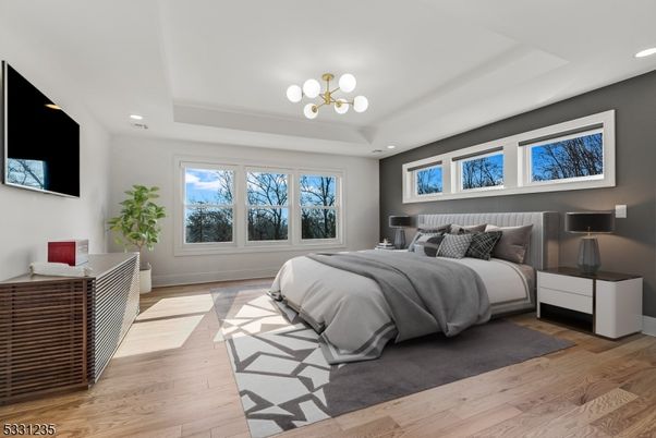Bedroom, Interior, Pendant Lights, Recessed Lighting, Wood Texture Flooring