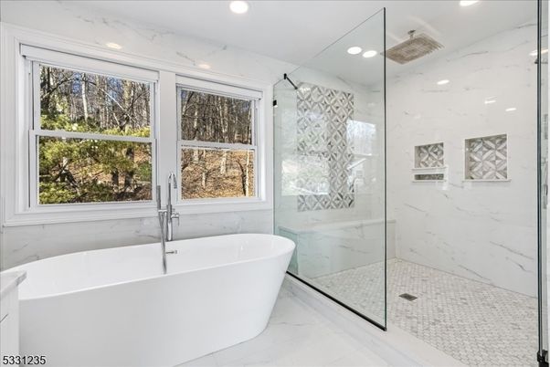 Bathroom, Free Standing Baths, Glass Shower, Interior, Marble Walls, Recessed Lighting
