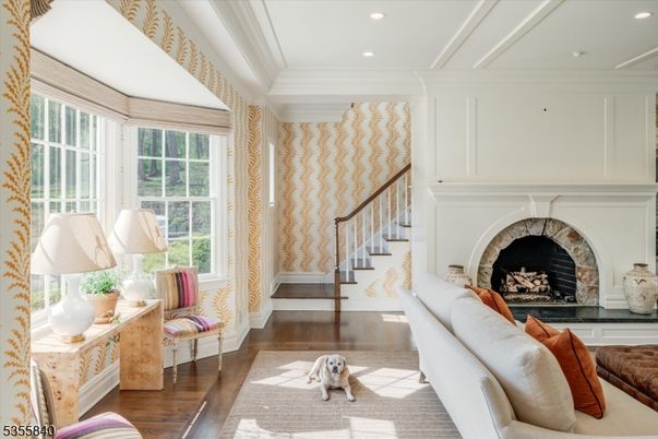 Fireplace, Interior, Living room, Recessed Lighting, Wood Texture Flooring