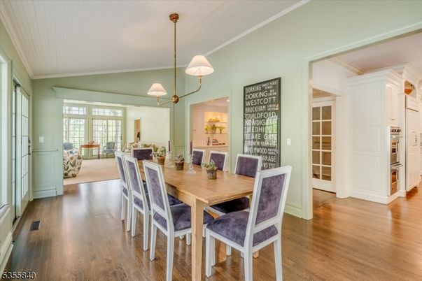 Dining room, Interior, Pendant Lights, Wood Texture Flooring