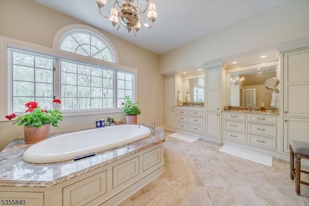 Bathroom, Chandelier, Dual Sink Vanities, Interior, Recessed Lighting