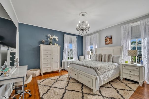 Bedroom, Chandelier, Home Office, Interior, Wood Texture Flooring