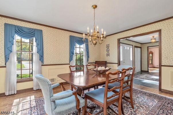 Chandelier, Dining room, Interior, Wood Texture Flooring
