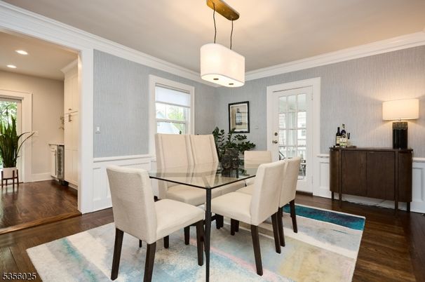 Dining room, Interior, Pendant Lights, Recessed Lighting, Wood Texture Flooring