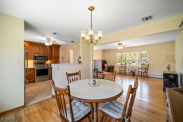 Chandelier, Dining room, Interior, Kitchen, Stainless Steel Appliances, Wood Texture Flooring