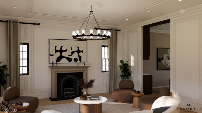 Chandelier, Fireplace, Interior, Recessed Lighting, Wood Texture Flooring