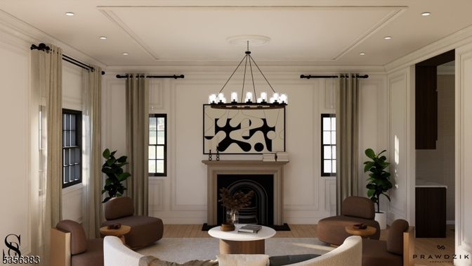 Chandelier, Fireplace, Interior, Living room, Pendant Lights, Recessed Lighting, Wood Texture Flooring