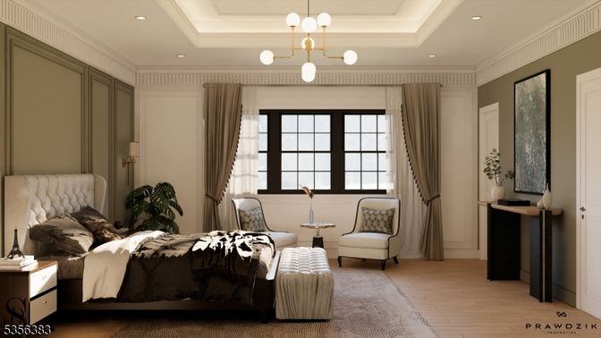 Bedroom, Interior, Pendant Lights, Recessed Lighting, Wood Texture Flooring