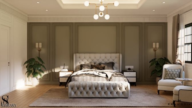 Bedroom, Interior, Pendant Lights, Recessed Lighting, Wood Texture Flooring
