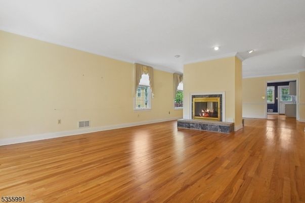 Empty room, Fireplace, Interior, Recessed Lighting, Wood Texture Flooring