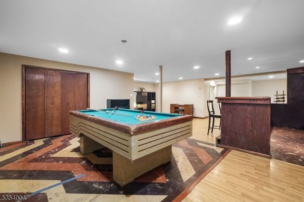 Billiard Table, Game Room, Interior, Recessed Lighting, Wood Texture Flooring