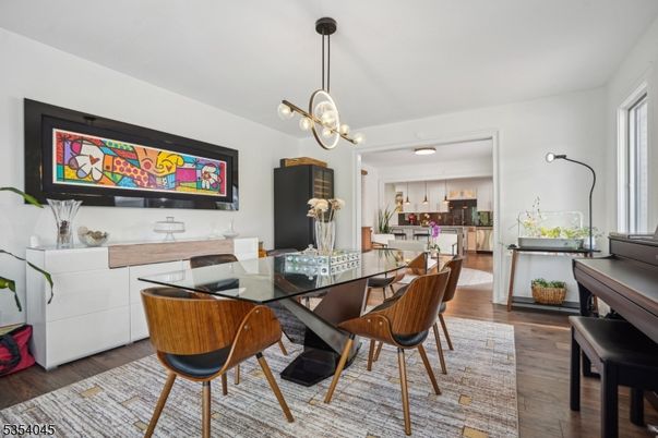 Dining room, Interior, Kitchen, Pendant Lights, Piano, Wood Texture Flooring