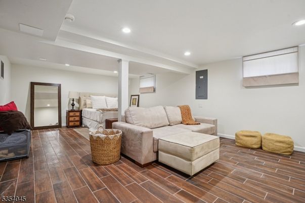 Bedroom, Interior, Living room, Recessed Lighting, Wood Texture Flooring
