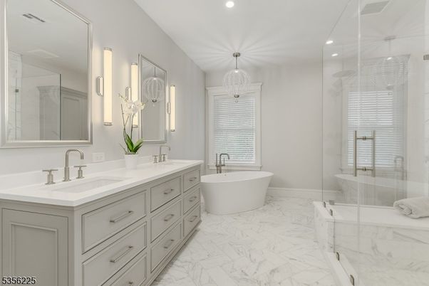 Bathroom, Chandelier, Dual Sink Vanities, Free Standing Baths, Glass Shower, Interior, Marble, Recessed Lighting