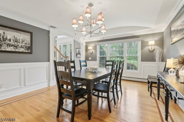 Chandelier, Dining room, Interior, Wood Texture Flooring