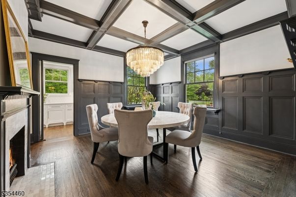 Chandelier, Dining room, Fireplace, Interior, Wooden Beams, Wood Texture Flooring