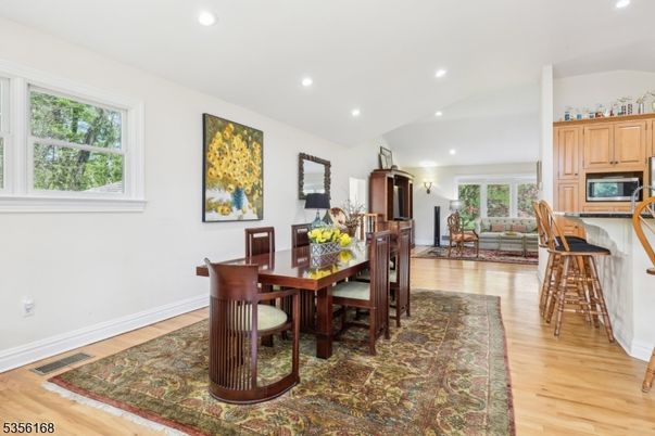 Dining room, Interior, Kitchen, Recessed Lighting, Wood Texture Flooring