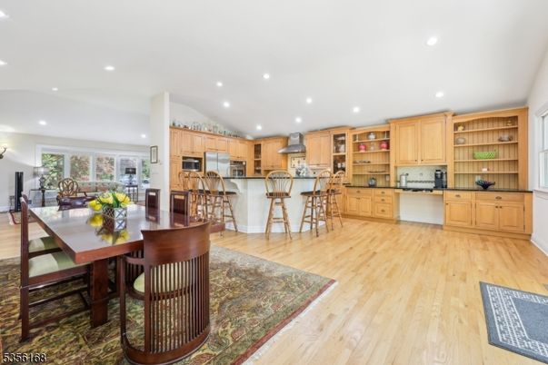 Dining room, Interior, Kitchen, Recessed Lighting, Stainless Steel Appliances, Wood Texture Flooring