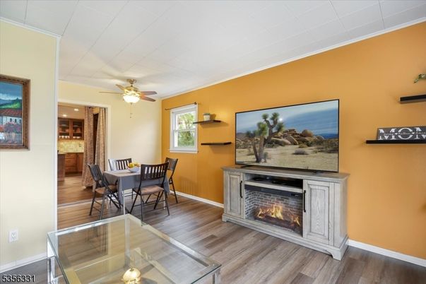 Dining room, Fireplace, Interior, Recessed Lighting, Wood Texture Flooring