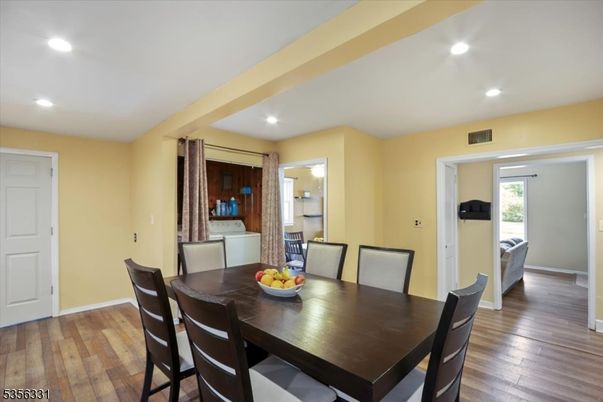 Dining room, Interior, Recessed Lighting, Wood Texture Flooring