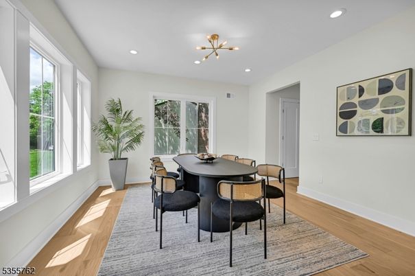Dining room, Interior, Pendant Lights, Recessed Lighting, Wood Texture Flooring