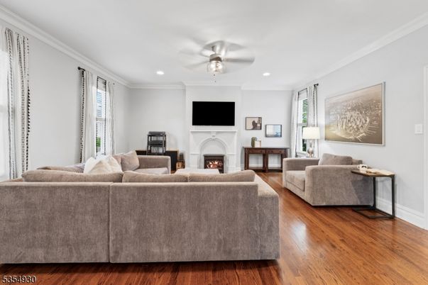 Fireplace, Interior, Living room, Recessed Lighting, Wood Texture Flooring