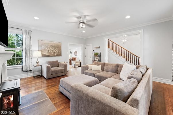 Fireplace, Interior, Living room, Recessed Lighting, Wood Texture Flooring