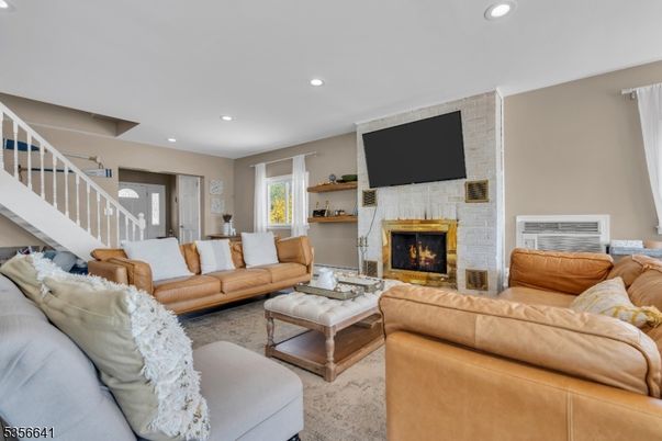 Fireplace, Interior, Living room, Recessed Lighting, Stone Walls