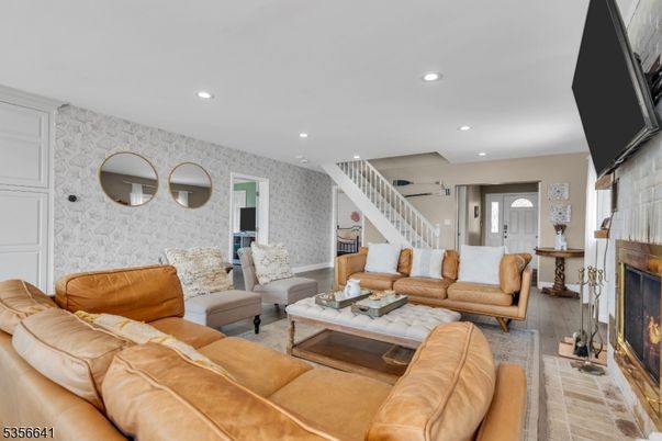 Fireplace, Interior, Living room, Recessed Lighting, Stone Walls