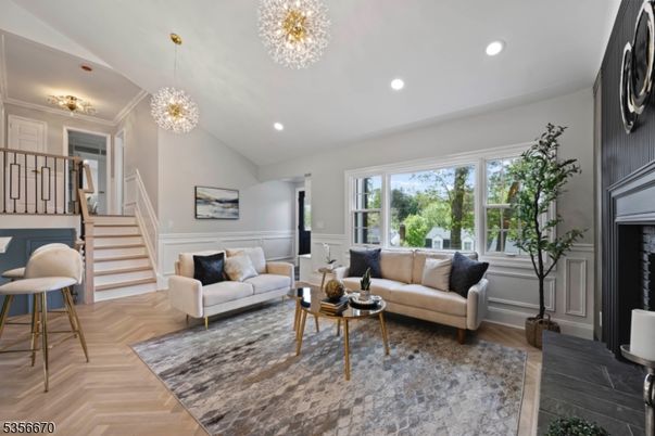 Chandelier, Interior, Living room, Recessed Lighting, Wood Texture Flooring