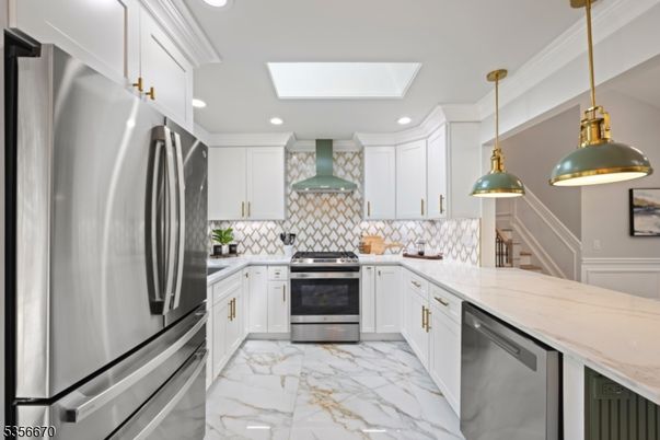 Interior, Kitchen, Marble, Pendant Lights, Recessed Lighting, Stainless Steel Appliances