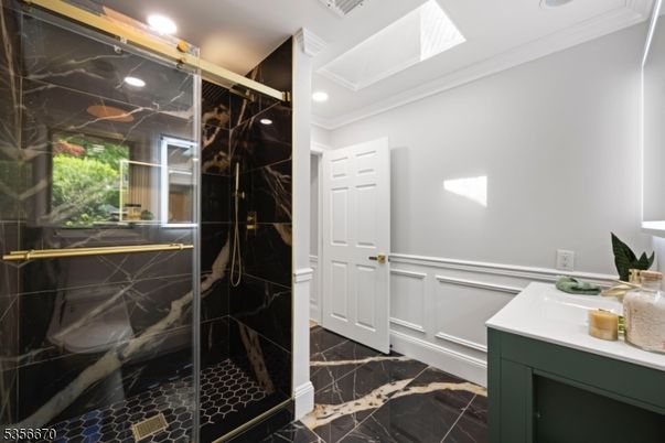 Bathroom, Glass Shower, Interior, Marble, Marble Walls, Recessed Lighting