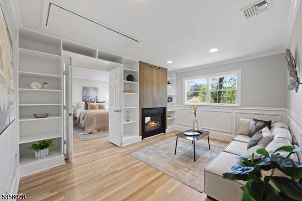 Fireplace, Interior, Living room, Recessed Lighting, Wood Texture Flooring