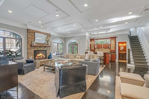 Fireplace, Interior, Living room, Pendant Lights, Recessed Lighting, Stone Walls, Wood Texture Flooring