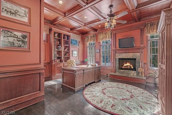 Fireplace, Home Office, Interior, Recessed Lighting, Wooden Beams, Wooden Ceilings, Wooden Walls