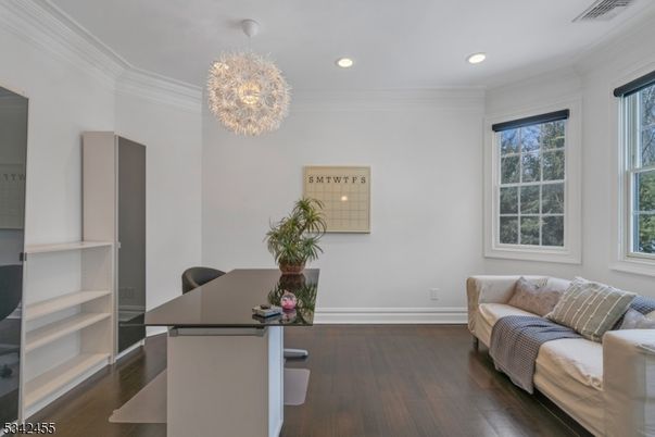 Chandelier, Home Office, Interior, Recessed Lighting, Wood Texture Flooring
