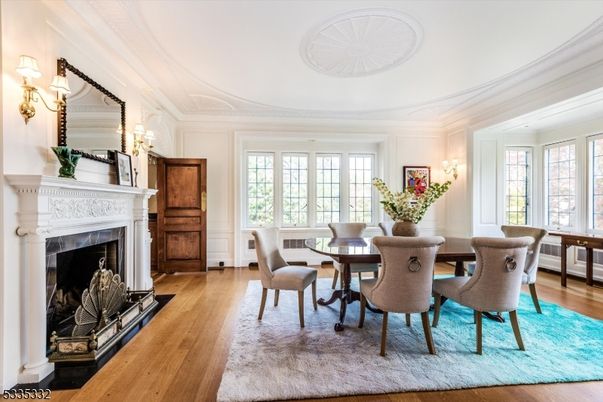 Dining room, Fireplace, Interior, Wood Texture Flooring