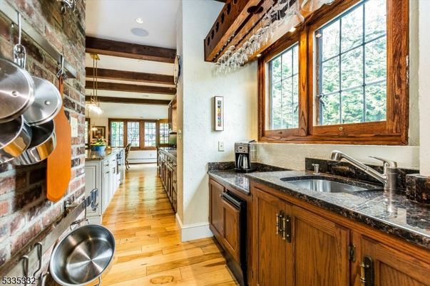 Interior, Kitchen, Pendant Lights, Recessed Lighting, Wooden Beams, Wood Texture Flooring