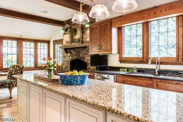 Fireplace, Interior, Kitchen, Pendant Lights, Recessed Lighting, Wooden Beams, Wood Texture Flooring