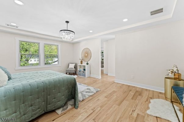 Bedroom, Chandelier, Interior, Recessed Lighting, Wood Texture Flooring