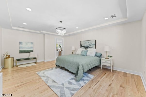 Bedroom, Chandelier, Interior, Recessed Lighting, Wood Texture Flooring