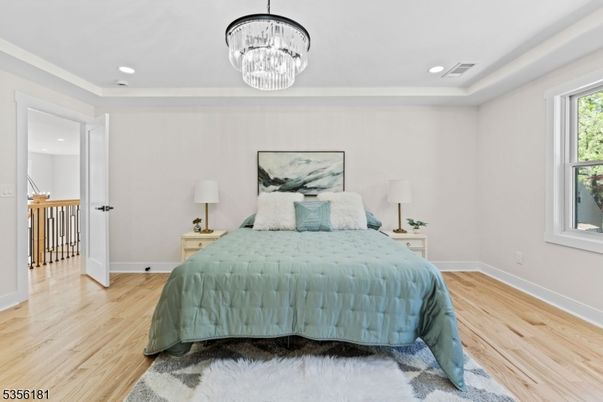 Bedroom, Chandelier, Interior, Recessed Lighting, Wood Texture Flooring
