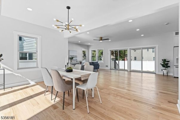 Dining room, Interior, Pendant Lights, Recessed Lighting, Wood Texture Flooring