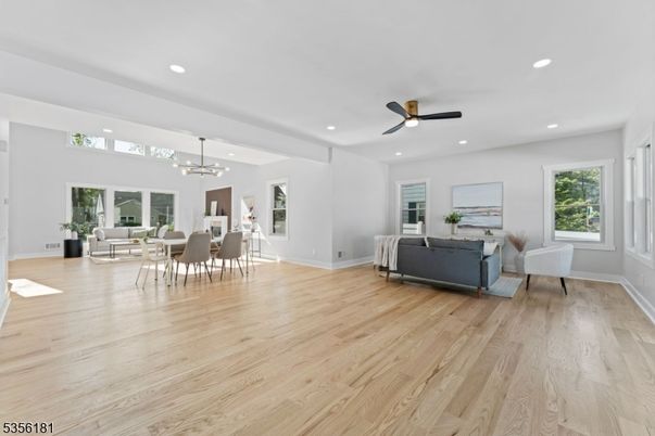 Dining room, Interior, Living room, Pendant Lights, Recessed Lighting, Wood Texture Flooring
