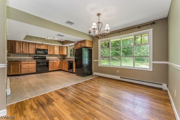 Chandelier, Interior, Kitchen, Stainless Steel Appliances, Wood Texture Flooring