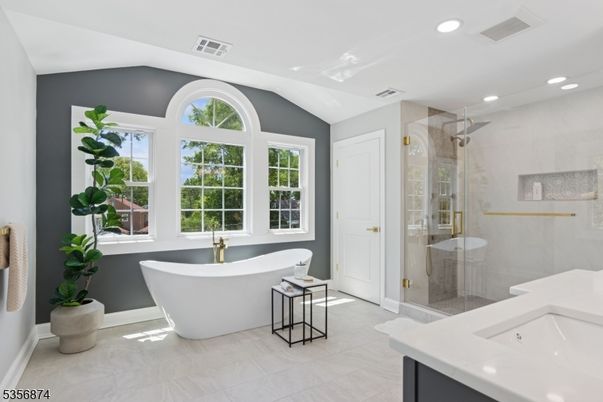 Bathroom, Free Standing Baths, Glass Shower, Interior, Recessed Lighting