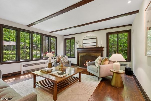 Fireplace, Interior, Living room, Recessed Lighting, Wooden Beams, Wood Texture Flooring